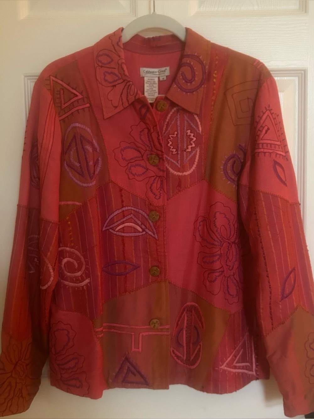 Cold water Creek Colorblock Embroidered Button-Up Jacket - Pink & Orange